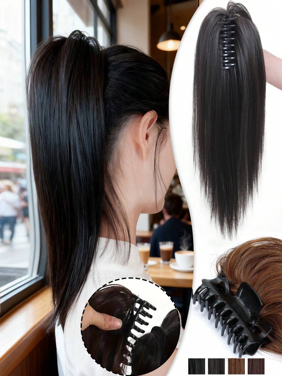 14英寸半扎直马尾辫，带爪夹 - 耐热合成瀑布式假发，适合女性、圣诞派对和日常佩戴，轻松夹戴，无需编发（黑色/棕色）