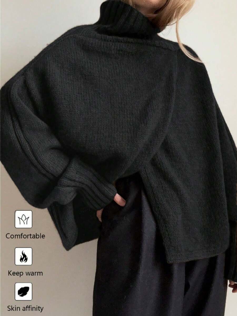 女士纯色高领裹身优雅长袖毛衣,秋冬女士优雅衬衫假日派对上衣,黑色 - 黑色 - 查看 1