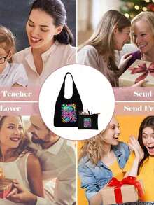 Print With Soda Pop Pattern Shoulder Bag And Cosmetic Bags Set, Shopping Bag,Multi Functional Portable Handbag, Shoulder Bag,Large Capacity Fashion Simple Style Durable Gunny Bag,Skin Care Product Storage Bags,Makeup Bag, For Handbags,Suitable With Suitable For Outdoor Picnics, Parties, Travel And Shopping, Gifts For Family And Friends - Black - View 10