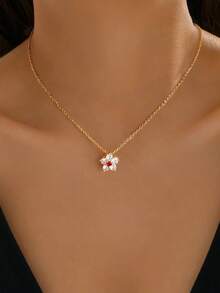 1pc 925 Sterling Silver Super Sparkling Red Zirconia Necklace Suitable For Women Match Daily Outfits Party Accessory Ladies High Quality Necklace Fine Jewelry Gift - Five-petal Flower - View 2