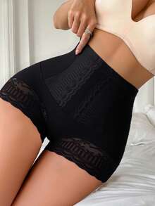 High Waist Snug Fit Panties, Lace Trim Decor, Compression Butt Lift, Breathable Beige, Elegant Shaping, Waist Shaping, Seamless Design, Lightweight & Comfortable, Daily Shapewear - Black - View 5