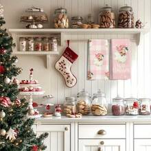 2pcs 18*26 Inch Pink Christmas Kitchen Towels, Vintage Santa Hand Towels For Bathroom & Dish Use Merry Christmas Decor, Festive Dish Drying, Seasonal Home Decor, Cartoon Holiday Design, Classic Christmas Print, Highquality Textiles