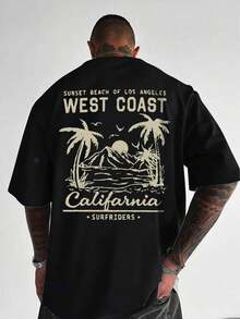 Plus Size Men's Summer Casual Round Neck Short Sleeve T-Shirt With Palm Tree & Mountain Graphic - 黑色 - 查看 1