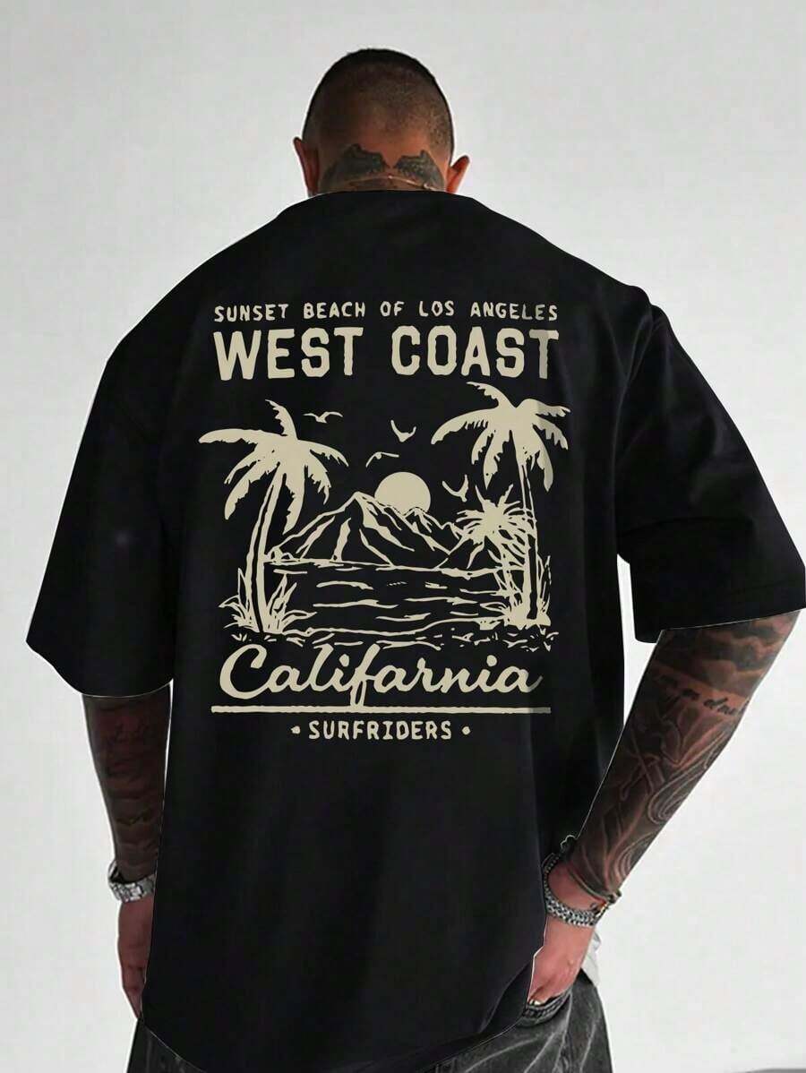 Plus Size Men's Summer Casual Round Neck Short Sleeve T-Shirt With Palm Tree & Mountain Graphic - 黑色 - 查看 1