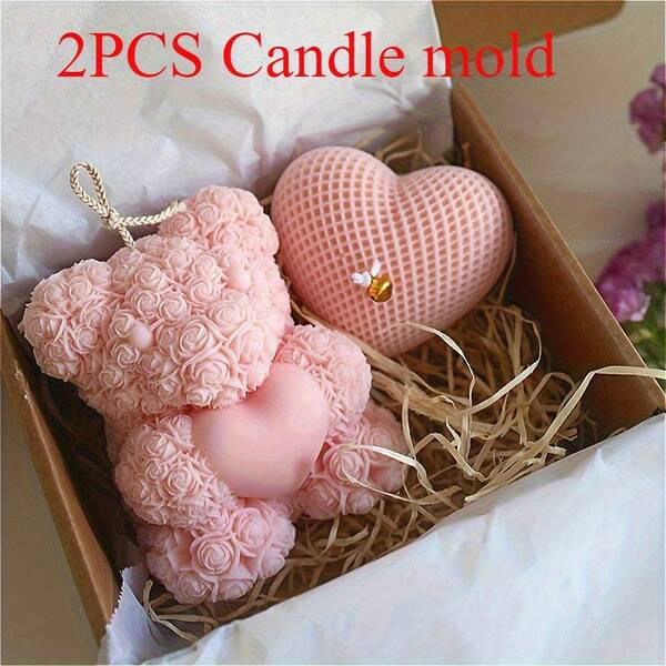 1 pieza Molde para hacer velas con forma de oso con rosa en forma de corazón, decoración y regalo para el Día de San Valentín, apto para manualidades de yeso y resina DIY