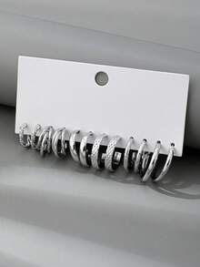 6 Pairs Minimalist Geometric Diamond Smooth Small Hoop Earrings Set - Silver - View 2