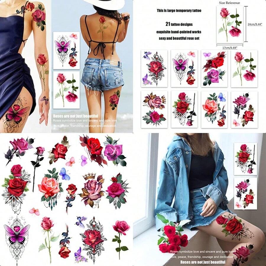大判のバラの花の仮タトゥー 入れ墨 女性の仮タトゥー セクシーな蝶の花 - 写真の通り - チェックする 1