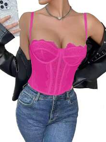 1件蕾丝胸衣紧身胸衣上衣，女士性感外出派对夜店上衣，带扣 - 玫紅色 - 查看 4