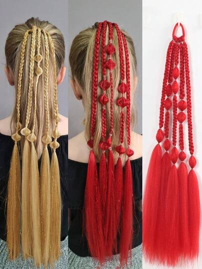 1pc 24inch Colorful Bubble Ponytail Extension Puff Ponytail Wrap Synthetic Braid Rubber Fake Hair Ponytail For Sweet Girls Kids