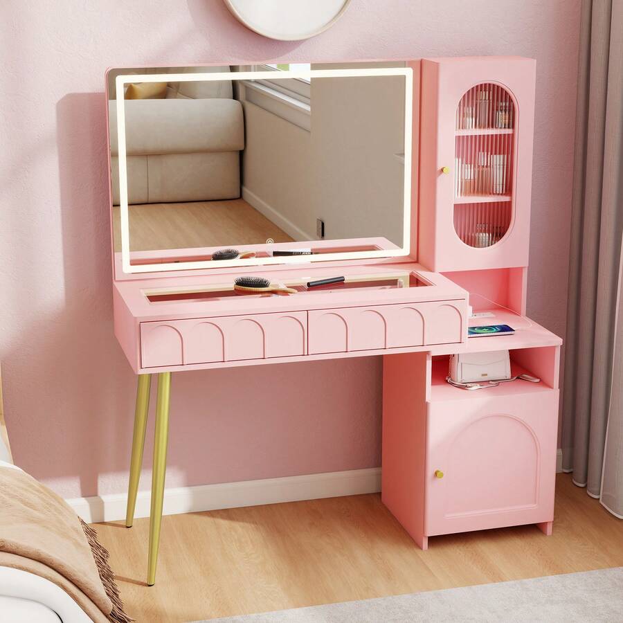 47.5" Big Modern Vanity  With Mirror And Lights, Fluted Makeup Vanity With Glass Top, Vanity Desk With 2 Drawers & Glass Cabinet, Wood Vanity With Storage Cabinet,3 Lighting Modes For Bedroom,Gift For Girls Women - Xem 1