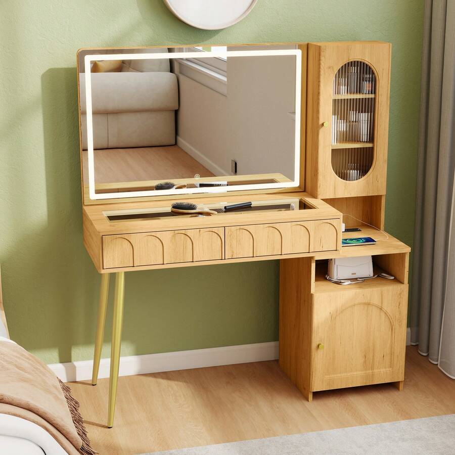 47.5" Big Modern Vanity With Mirror And Lights, Fluted Makeup Vanity With Glass Top, Vanity Desk With 2 Drawers & Glass Cabinet, Wood Vanity With Storage Cabinet,3 Lighting Modes For Bedroom,Gift For Girls Women - Xem 1
