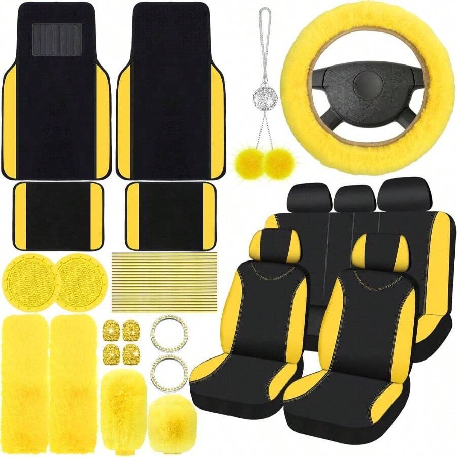 47 Car Cover Full Set Women Included Car Front Rear Fluffy Steering Wheel Cover Belt Automotive Floor Mats Conditioner Decoration Strip UniversalPurple Black - 黃色 - 查看 1