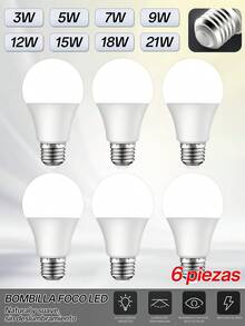 Lámpara LED blanca de 6500K, con luz suave,bombillas LED superbrillantes,con conector en rosca E27 estándar, es fácil de instalar, tiene una potencia de 3W/5W/7W/9W/12W/15W/18W/21W,110V Lampada sala de estar hogar Bombilla blanco,es energéticamente eficiente y tiene una hermética sellación, tiene una larga duración útil. Es adecuada para la iluminación interior y se puede utilizar en hogares y oficinas(1/6/10/20/30 Piezas) - 6 piezas - Ver 2
