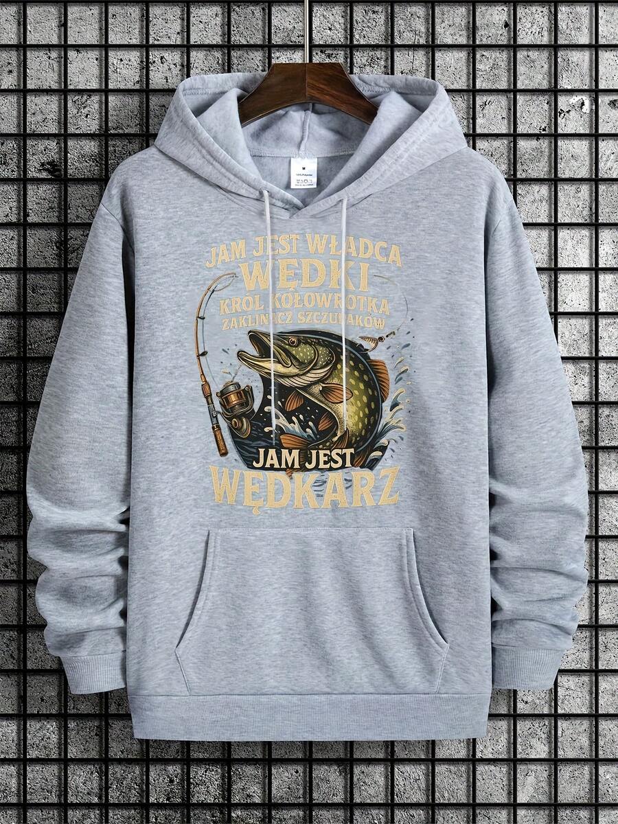 Men's Christmas Gray Sweatshirt Gray Hooded Fishing Theme Printed Sweatshirt - Men's gray casual sweatshirt, holiday men's sweatshirt, soft and comfortable fabric, machine washable, casual everyday wear, fun Christmas pattern design, washable casual top, men's Christmas sweatshirt, men's Christmas top - Gris - Ver 1