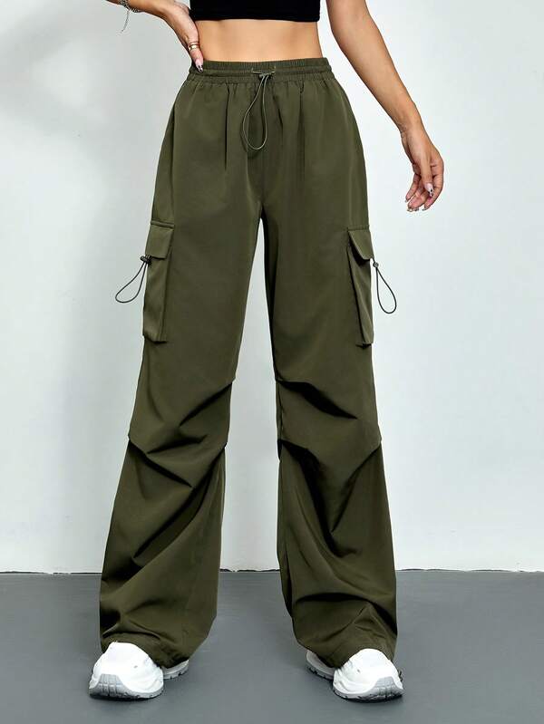 Standard Size Solid Color Polyester Drawstring Pocket Knotted Women's Casual Sports Pants, Spring/Autumn