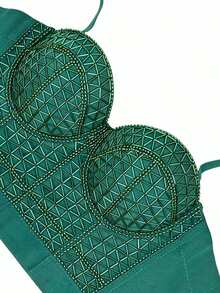 Fashion Beads Tank Top With Bra Boned Crop Top Outerwear - Dark Green - View 5