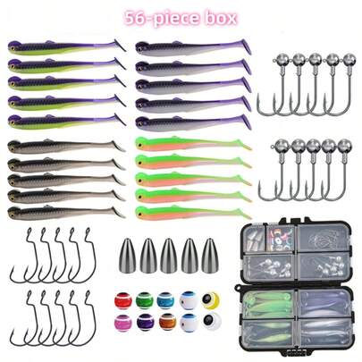 Zestaw 56 szt. przynęt wędkarskich, w tym zestaw Texas Rig, haczyk Bent Hook, ciężarki Bullet, miękkie przynęty z ogonkiem i żyłka do połowu robaków