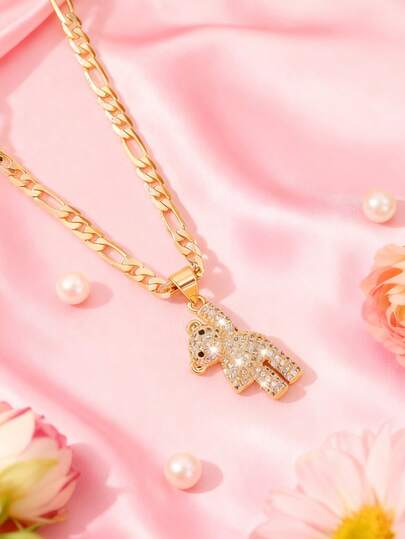 1pc Copper Inlaid Zirconia Cute Mischievous Swing Bear Pendant Necklace, Suitable For Gifting To Girls/Boys/Family/Friends, Multifunctional, Luxury, Party, Banquet, Festivals, Christmas, Thanksgiving, Halloween
