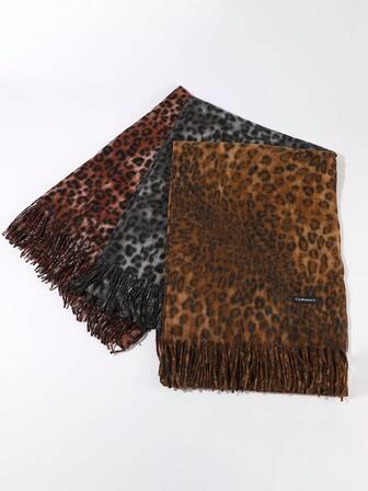 1 pieza Bufanda con flecos de estampado de leopardo retro elegante para mujer, chal versátil y cálido para el cuello, otoño/invierno