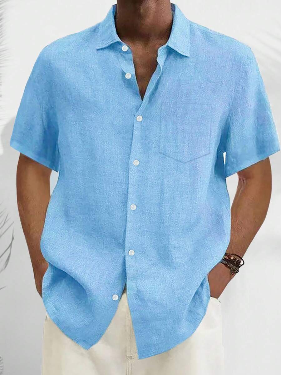 Vintage Casual Basic Plus Size Button Pocket Short Sleeve Shirt