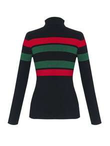 ii Women's High Neck Raglan Sleeve Fitted Striped Knit Pullover Sweater Black - Black - View 3
