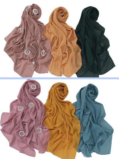 3pcs/Set Solid Color Pearl Chiffon Scarf + Rhinestone Decor Muslim Hijab Set