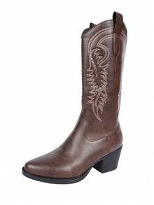 2025 New Brown Cowboy Boots For Women, Knee-High Travel & Party Wear V-Cut Slip-On Mid-Calf Boots, Autumn/Winter - Coffee Brown - View 7
