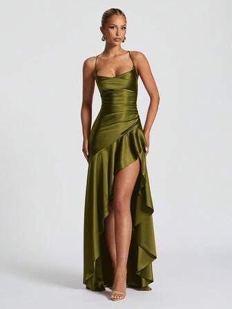 Vestido de mujer de unicolor con tirantes finos, sexy, con lazo y volantes en el bajo con abertura