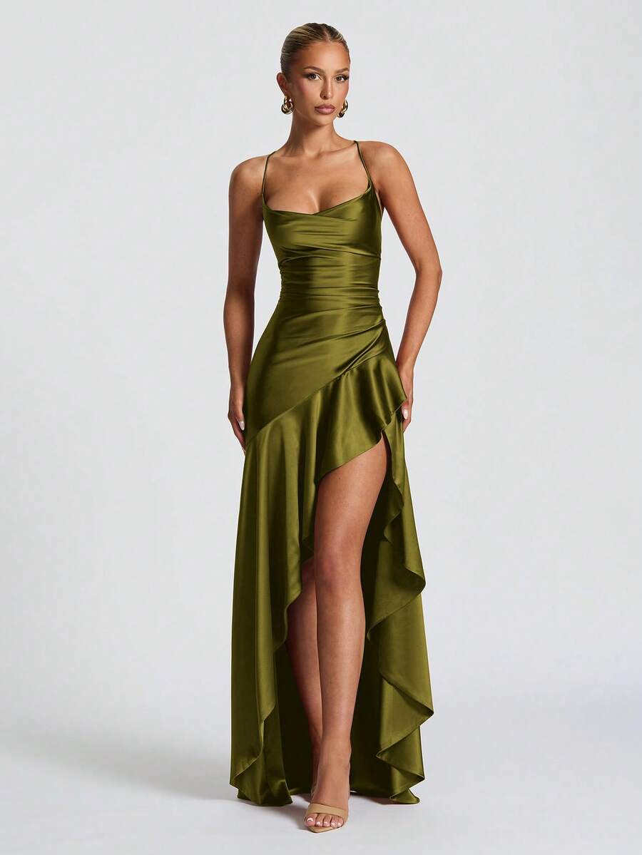 Women's Solid Color Spaghetti Strap Sexy Tie-Up Ruffle Hem Slit Dress Wedding Spring Party - Olive Green - View 1