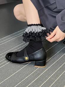 1 Paar Damen Spitzen-Crew-Socken, verschiedene Stile, geeignet für Frühling/Herbst, Koreanischer/Mori-Mädchen/Kawaii-Stil, passend zu Loafers/Ankle Boots - Schwarz und Weiss - Übersicht 6