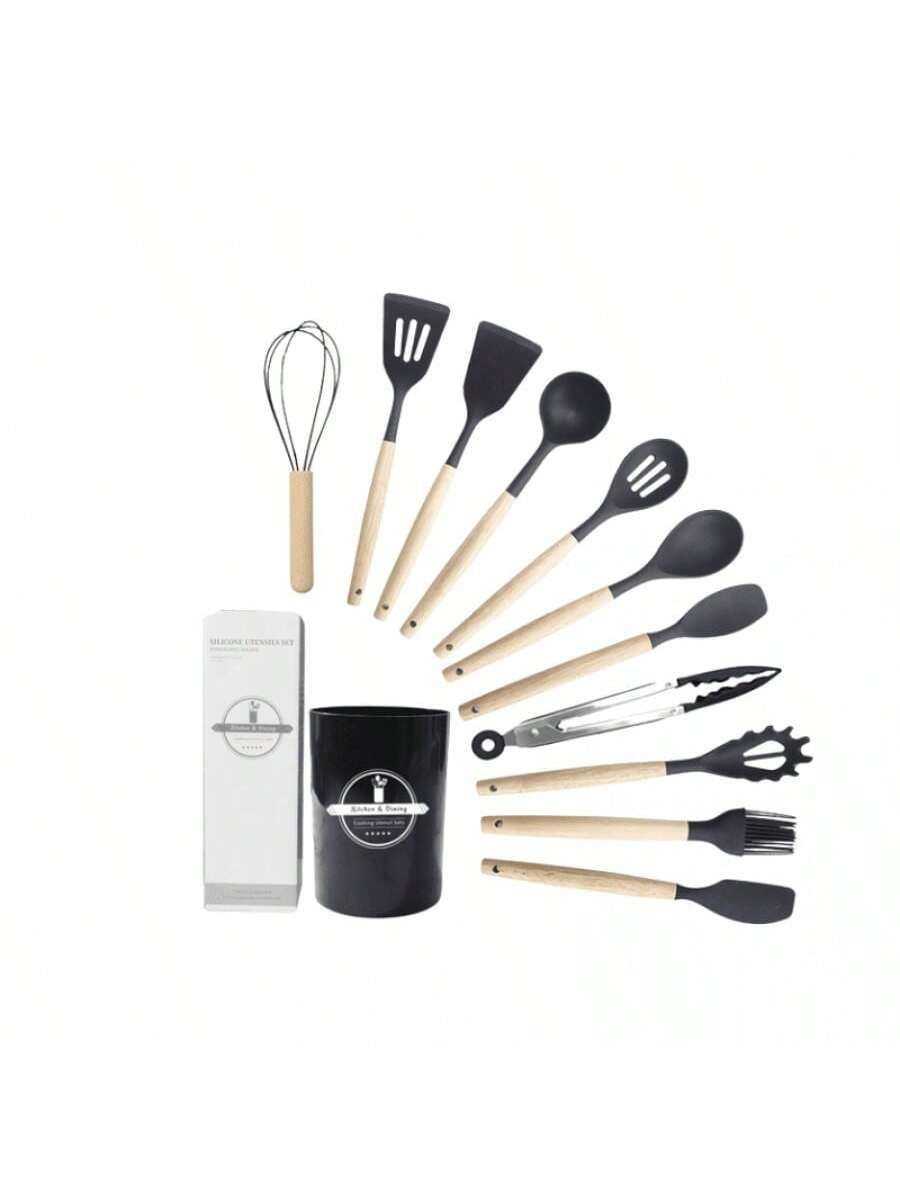 Juego de espátulas y cucharones de silicona (12 piezas) - Negro (700 g)