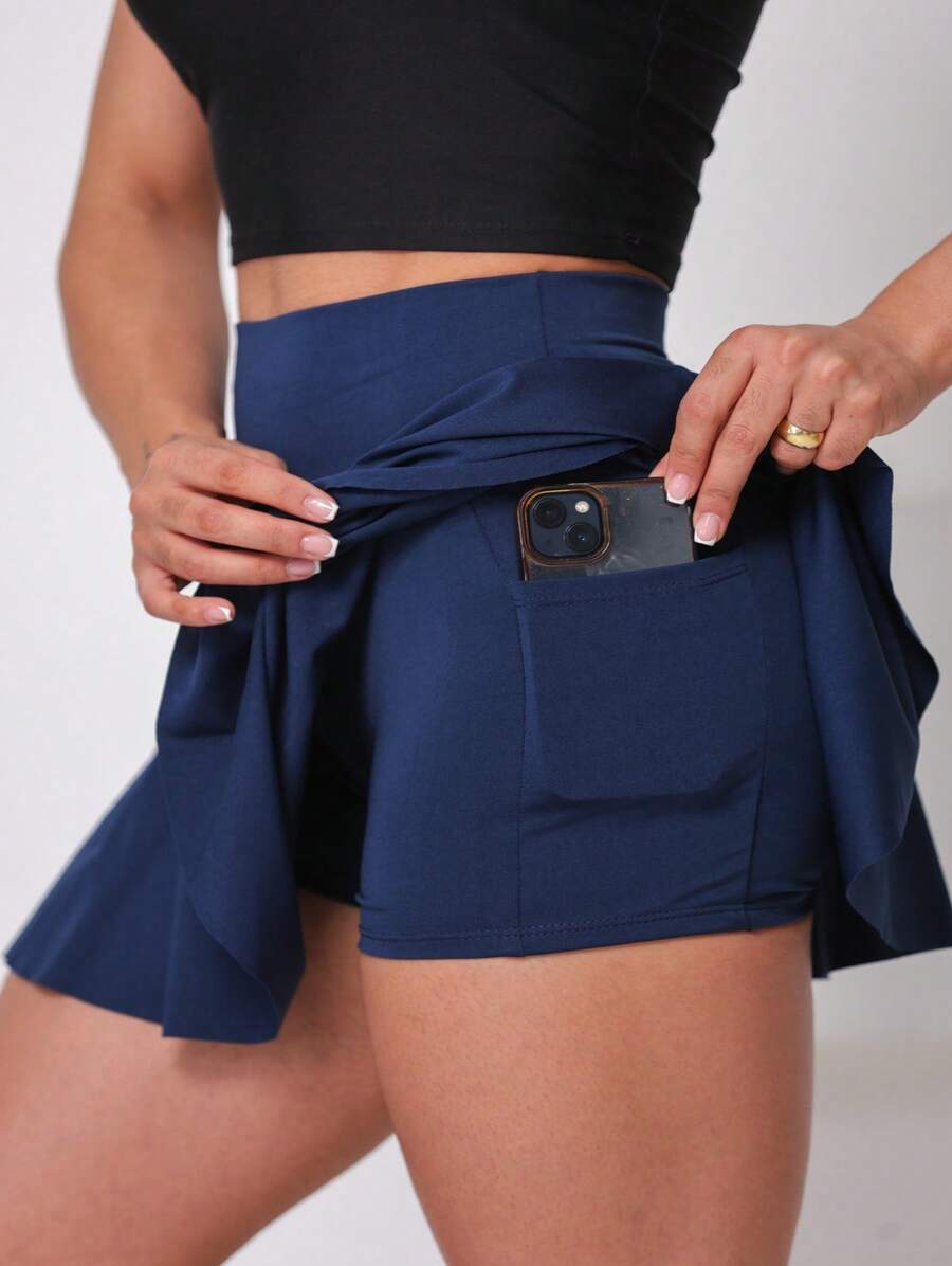 WOLFOX Women's Gym Shorts Skirt In Supplex Fabric With Pocket – High Waist, Compression And Comfort For Training And Running - Màu xanh hải quân - Xem 1