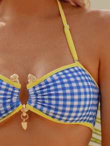 wohenmeili Plaid Print Contrast Trim Halter Neck Bikini Set Vacation - Light Blue Checkered White With Yellow Trim - View 7