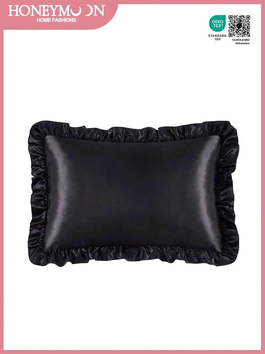 1pc Satin Pillowcase With Lace, Silk Pillow Case For Hair And Skin, Luxurious And Silky Smooth, Ultra Soft And Breathable, No Filler, Machine Washable,For Home Bedding And School Bedding Dorm Essentials, Oeko-Tex Certified - Black - View 1