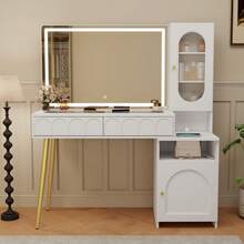 47.5" Big Modern Vanity  With Mirror And Lights, Fluted Makeup Vanity With Glass Top, Vanity Desk With 2 Drawers & Glass Cabinet, Wood Vanity With Storage Cabinet,3 Lighting Modes For Bedroom,Gift For Girls Women - 查看 10