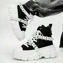 SLnU3 3pcs Men's Fashionable Thick Sole Elevated Motorcycle Boots, Punk Street Preppy Casual Style, Personalized Accessories Decoration, Interchangeable, Metal Eyelets Lace-Up Side Zipper, Simple Design Suitable For Outdoor All Seasons Versatile - Black and White - View 2