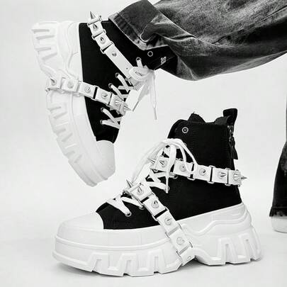 SLnU3 3pcs Men's Fashionable Thick Sole Elevated Motorcycle Boots, Punk Street Preppy Casual Style, Personalized Accessories Decoration, Interchangeable, Metal Eyelets Lace-Up Side Zipper, Simple Design Suitable For Outdoor All Seasons Versatile