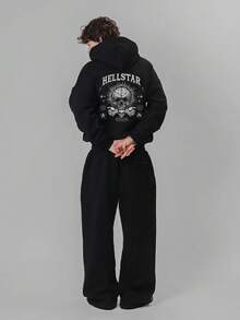 Men's Oversized HELSTAR Graphic Hoodie With Skull & Brain Print, Black Gothic Streetwear Sweatshirt, Retro Punk Style, Fall Winter Halloween Outfit, Hip Hop Casual Wear, Great Gift For Boyfriend/Husband, Men's Loose Fit Skull-Themed Hoodie - 黑色 - 查看 2