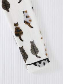 2 piezas Conjunto de pijama de franela para mujer, parte superior con cierre de botones de solapa de manga larga, pantalón largo, ropa de casa gruesa y cálida para otoño/invierno, estampado de gatitos en todo el diseño, ropa cómoda