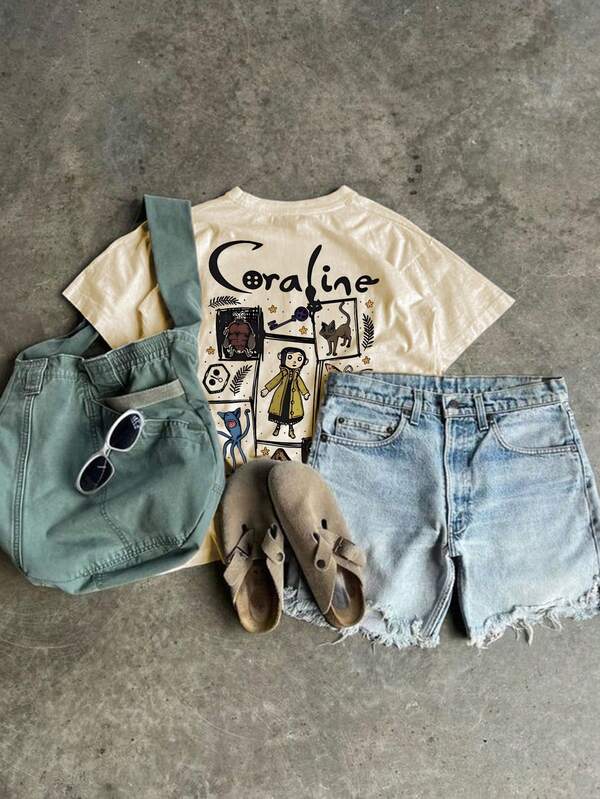 Women's Summer Cartoon And Slogan Graphic Round Neck Short Sleeved T Shirt ,Casual Loose And Versatile Holiday Style Tops,Fashionable Summer Outfits Suitable For Daily Holiday Wear,Halloween Costumes Women,Shalloween Atmosphere,Halloween Caroline And Ghost Graphic