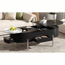 Mesa de centro de vacaciones - Mesa de madera moderna de 47" con vidrio templado, estilo acanalado y cajones, ideal para la sala de estar navideña - Negro + Madera maciza + MDF - Ver 9