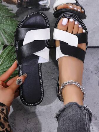 Women's Fashion Versatile Color Block Comfortable Flat Slippers, Hot Selling For Summer