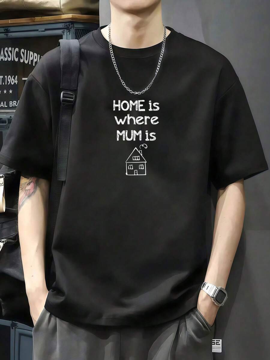 Camiseta del Día de la Madre para mujer, regalo para mamá, camiseta El hogar donde está mamá Camiseta de manga corta de algodón de 220 g, impresión por una cara - Negro - Ver 1
