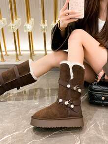 Modne, uniwersalne, skórzane, ciepłe kozaki do połowy łydki z klamrą, grube, futrzane buty śnieżne dla kobiet, nowy zimowy design - Brązowy - Zobacz 4