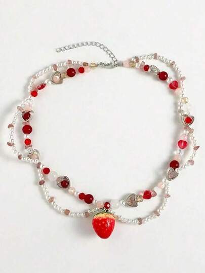 1 件清新甜美 Y2k 草莓吊坠项链串珠颈链仿珍珠锁骨链
