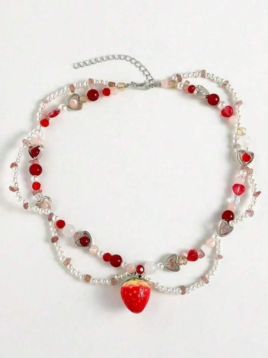 1 件清新甜美 Y2k 草莓吊坠项链串珠颈链仿珍珠锁骨链 - 紅色 - 查看 1