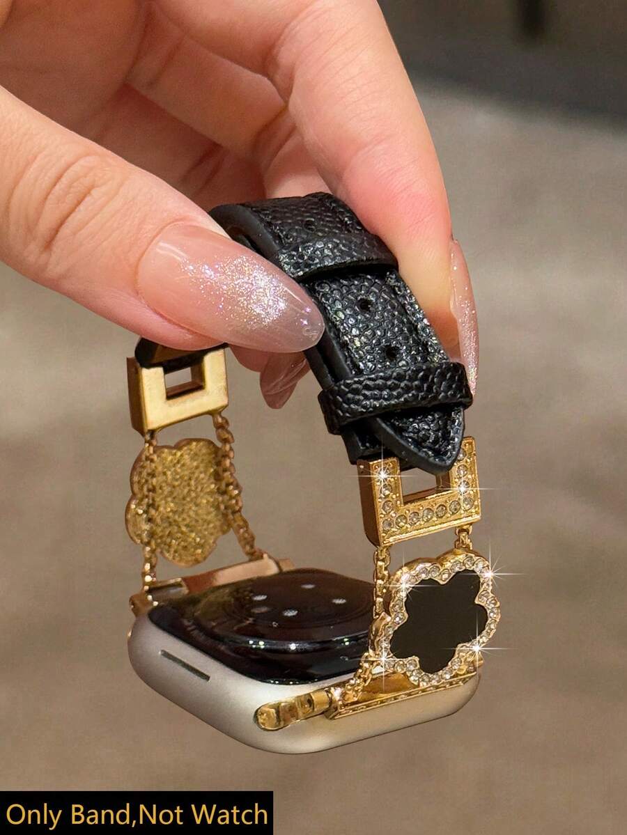 1件新款女款三葉草金屬錶帶，黑色，兼容 38/40/41/42/44/45/46/49mm、SE 系列 Ultra 11/10/9/8/7/6/5/4/3/2/1，佩戴舒適，耐用材質，智慧手錶配件，女款配件，金色 Apple 手鍊錶帶，女性禮物，女款三葉草錶帶