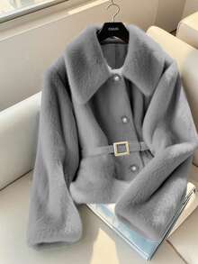 New Solid Color Plush Lapel Button Front Cardigan For Women, Elegant & Cute, Suitable For Outings, Gatherings, Travel, Commuting, Office, Dates, Daily Wear, Also Can Be Worn As Christmas, Halloween Costume (Belt Not Included)