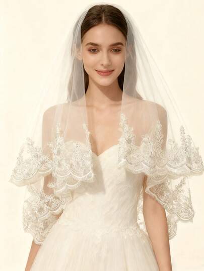 Luxury Lace Trim Bridal Veil, Double-Layer Sheer Fabric, Delicate Embroidery, Perfectly Accentuates The Romantic And Elegant Aura Of The Bride - Creating The Perfect Bridal Look