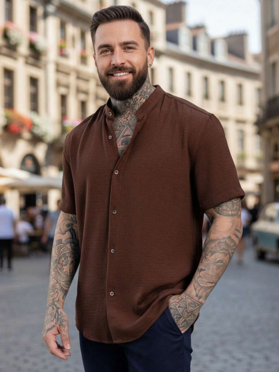 Men's Short Sleeve Priest Collar Shirt – Premium Quality, Perfect Fit, Light And Fresh Fabric, Easy To Iron. - Rỉ Nâu - Xem 1